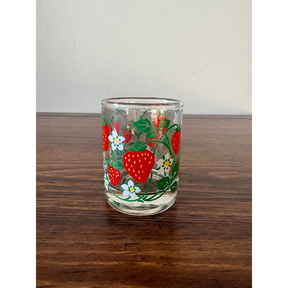 Vintage Strawberry Small Shot Glass Red Berries White Flowers Clear 2.75in